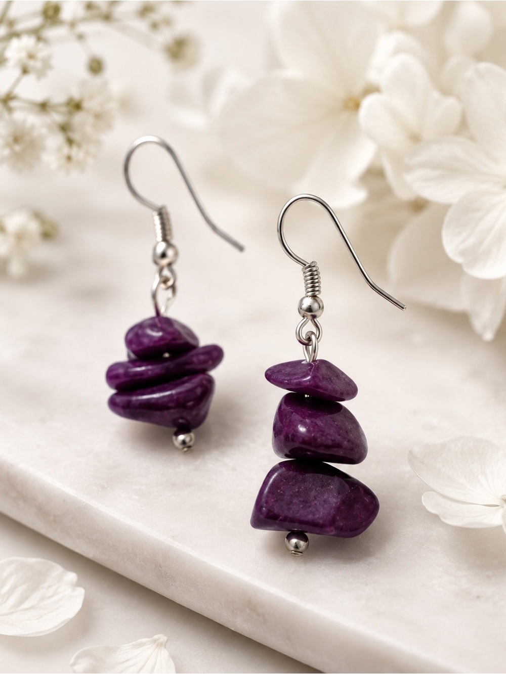 Amethyst-Style Purple Stacked Stone Drop Earrings - Unbranded